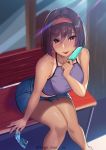  1girl bare_arms bare_legs bare_shoulders bench blue_shorts blurry blush breasts brown_hair camisole denim denim_shorts depth_of_field food hair_between_eyes hairband hand_up highres holding holding_food kagematsuri large_breasts looking_at_viewer midriff one-piece_tan original popsicle purple_shirt red_eyes shirt short_hair short_shorts shorts sitting sleeveless sleeveless_shirt solo sunlight tan tanline thighs tongue tongue_out 