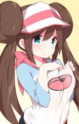  1girl :o blue_eyes blush brown_hair creatures_(company) double_bun game_freak gradient gradient_background long_hair looking_at_viewer mei_(pokemon) moe nintendo olm_digital pokemon pokemon_(anime) pokemon_(game) pokemon_bw2 raglan_sleeves solo twintails visor_cap watanon_(gakushokutei) wet wet_clothes yellow_background 