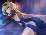  1girl ass bangs black_gloves blonde_hair blue_dress blue_eyes blush breasts closed_mouth curtains dress elbow_gloves gloves hairband half_mask highres looking_at_viewer lying mashuu_(neko_no_oyashiro) on_bed on_stomach original pillow short_hair small_breasts solo thighs 