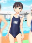  3girls ass_visible_through_thighs black_hair blue_eyes blue_sky blue_swimsuit blurry clouds commentary_request competition_swimsuit contrapposto cowboy_shot day depth_of_field flat_chest highres looking_at_viewer multiple_girls name_tag one-piece_swimsuit original outdoors pool school_swimsuit short_hair sky smile solo_focus swim_cap_removed swimsuit takafumi 