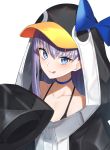  1girl animal_hood bangs bare_shoulders bikini black_bikini black_jacket blue_bow blue_eyes blush bow breasts choker closed_mouth collarbone fate/grand_order fate_(series) gen_(gen_7254) hood hood_up jacket licking_lips long_hair looking_at_viewer meltryllis meltryllis_(swimsuit_lancer)_(fate) penguin_hood purple_hair simple_background sleeves_past_fingers sleeves_past_wrists smile solo swimsuit tongue tongue_out white_background 