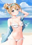  1girl arm_up bangs bikini bikini_under_clothes blue_eyes blue_hairband blue_jacket blue_sky blurry blurry_background blush breasts brown_hair censored closed_mouth clouds cloudy_sky collarbone commentary cowboy_shot day depth_of_field eyebrows_visible_through_hair frilled_bikini frills girls_frontline groin hair_between_eyes hair_bun hair_ornament hairband highres horizon jacket medium_breasts mosaic_censoring navel nose_blush ocean off_shoulder open_clothes open_jacket outdoors sky smile snowflake_hair_ornament solo standing suomi_kp31_(girls_frontline) swimsuit water white_bikini white_clover_(unfy8472) 