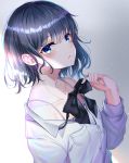  1girl bare_shoulders black_hair blue_eyes bow bowtie buttons camisole collarbone commentary_request dress_shirt hand_up highres long_sleeves looking_at_viewer off_shoulder original parted_lips school_uniform shirt short_hair sidelocks solo spaghetti_strap sunhyun undershirt upper_body white_shirt 