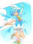  1girl adapted_costume blue_eyes blue_hair blue_shirt cirno clouds commentary_request flower hat ice ice_wings outstretched_arms plant red_ribbon ribbon sailor_collar sailor_shirt sandals shirt short_hair shorts sky smile solo sunflower tan tanned_cirno touhou vines white_headwear wings wristband ziro_(daydozen) 