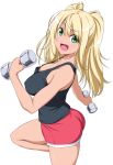  1girl ass bare_shoulders black_shirt blonde_hair blush breasts commentary_request danberu_nan_kiro_moteru? dark_skin dogakobo dumbbell exercise eyebrows_visible_through_hair eyes_visible_through_hair fang green_eyes gym_shorts highres large_breasts long_hair looking_at_viewer moe nori_tamago open_mouth red_shorts sakura_hibiki_(danberu_nan_kiro_moteru?) shirt shogakukan shorts sideboob simple_background smile solo tank_top thighs twintails weightlifting white_background 