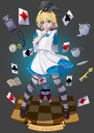  1girl absurdres alice_(wonderland) alice_in_wonderland apron arm_behind_back bar_censor black_background black_footwear black_legwear black_ribbon blonde_hair blue_dress blue_eyes book bow card censored character_name checkered checkered_floor club_(shape) collared_dress commentary cup diamond_(shape) dress english_commentary english_text finger_to_mouth hair_ribbon heart highres key large_bow looking_at_viewer manami_tomo mary_janes medium_dress playing_card pocket_watch puffy_short_sleeves puffy_sleeves ribbon saucer shoes short_hair short_sleeves shushing spade_(shape) standing striped striped_legwear teacup teapot thigh-highs watch white_apron white_rabbit wind zettai_ryouiki 