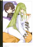  1girl absurdres bdsm bondage bound c.c. code_geass dress eating food green_eyes green_hair high_heels highres lelouch_lamperouge long_hair mishima_kurone pizza white_dress 