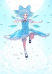  1girl black_footwear bloomers blue_bow blue_dress blue_eyes blue_hair bow character_name cirno clouds commentary dress flying frills hair_bow ice ice_wings mary_janes red_bow satyuas shoes short_hair short_sleeves sky socks solo sun touhou underwear white_legwear wings 