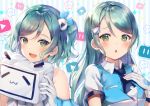  2girls :3 :d :o absurdres alternate_hairstyle aqua_hair bang_dream! bilibili_douga blush character_doll character_hair_ornament collared_shirt gloves green_eyes hair_ornament hand_on_own_chest highres hikawa_hina hikawa_sayo holding_stuffed_toy long_hair looking_at_viewer mia_(fai1510) multiple_girls necktie one_side_up open_mouth play_button shirt short_hair siblings sisters smile striped striped_background twins upper_body vertical-striped_background vertical_stripes white_gloves xiao_dianshi 