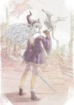  1girl bare_shoulders boots dragon dress earrings english_text fantasy gloves hairband holding holding_sword holding_weapon horns jewelry long_hair original pointy_ears purple_dress red_eyes ruins satyuas silver_hair sword tower weapon 