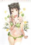  1girl absurdres anmi bangs bikini black_hair blush brown_hair food green_bikini highres holding looking_at_viewer mole mole_under_mouth navel original parted_lips popsicle scan simple_background smile solo stomach swimsuit tattoo tied_hair white_background 