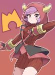  1girl bangs blush breasts brown_background closed_mouth cowboy_shot ddak5843 dress eyebrows_visible_through_hair fake_horns gloves highres hood hood_up horned_hood kagari_(pokemon) long_sleeves looking_at_viewer medium_breasts outline pink_eyes pokemon pokemon_(game) pokemon_oras purple_hair red_gloves ribbed_sweater solo sweater sweater_dress team_magma_uniform white_outline 