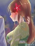  1girl amagi_(kantai_collection) breasts brown_eyes brown_hair camouflage from_behind hair_ornament high_ponytail japanese_clothes kantai_collection kimono large_breasts leaf_hair_ornament long_hair looking_away mogera81 mole mole_under_eye nape night out_of_frame outdoors sidelocks sketch twitter_username upper_body wide_ponytail 