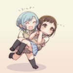  2girls :d ^_^ aqua_hair ayasaka bang_dream! black_footwear black_legwear blush bow brown_eyes brown_hair brown_neckwear brown_skirt carrying catchphrase closed_eyes commentary_request flying_sweatdrops green_bow hair_bow haneoka_school_uniform hazawa_tsugumi hikawa_hina kneehighs multiple_girls necktie open_mouth princess_carry running school_uniform shirt shoes short_hair short_sleeves side_braids skirt smile sweater_vest white_shirt 