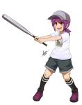  1girl airisubaka baseball_bat baseball_cap black_legwear blush brown_shorts child commentary eyebrows_visible_through_hair full_body hair_between_eyes hat highres holding_baseball_bat leah_(airisubaka) looking_at_viewer missing_tooth open_mouth original ponytail purple_footwear purple_hair shirt shoes shorts simple_background smile socks solo teeth white_background white_shirt 