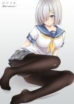  1girl black_legwear blue_eyes blush breasts dated full_body grey_skirt hair_ornament hair_over_one_eye hairclip hamakaze_(kantai_collection) kantai_collection large_breasts mimamui no_shoes panties pantyhose pleated_skirt sailor_collar school_uniform serafuku short_hair silver_hair simple_background sitting skirt solo twitter_username underwear yellow_neckwear 