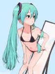  adjusting_clothes adjusting_swimsuit aqua_hair bikini black_bikini blush flat_chest green_eyes hatsune_miku leaning_forward long_hair looking_back mirror standing swimsuit turbo_engine_(rakugaki_tabo) twintails very_long_hair vocaloid 