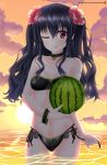  1girl ;p artist_name bikini black_bikini black_hair blush breasts choker closed_mouth clouds collarbone commentary_request eyebrows_visible_through_hair flower food fruit hair_between_eyes hair_flower hair_ornament helvetica_5tandard hibiscus highres holding holding_food long_hair looking_at_viewer medium_breasts navel neptune_(series) one_eye_closed outdoors partially_submerged red_eyes side-tie_bikini signature sky smile solo sun sunset swimsuit tongue tongue_out two_side_up uni_(neptune_series) water watermark watermelon web_address 