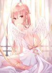  1girl angel angel_wings artist_name back backless_dress backless_outfit bare_arms bare_shoulders barefoot closed_mouth dress feathered_wings hair_ribbon halter_dress highres long_hair looking_at_viewer looking_back original pink_hair red_eyes ribbon sitting solo soyubee wariza white_dress wings 