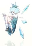  1girl black_footwear blue_bow blue_dress blue_eyes blue_hair bow character_name cirno commentary dress hair_bow ice ice_wings knees_up mary_janes outstretched_arms red_bow reflection satyuas shoes short_hair short_sleeves socks solo touhou white_background white_legwear wings 