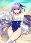  1girl bare_shoulders blue_choker blue_eyes blue_ribbon blue_swimsuit casual_one-piece_swimsuit choker fate/grand_order fate_(series) flat_chest hair_ribbon highleg highleg_swimsuit highres long_hair meltryllis meltryllis_(swimsuit_lancer)_(fate) one-piece_swimsuit purple_hair ribbon sitting sleeves_past_fingers sleeves_past_wrists solo strapless strapless_swimsuit swimsuit very_long_hair yorei_(death0813) 
