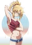  1girl arm_up armpits bangs bare_shoulders blonde_eyebrows blonde_hair blue_shorts blush braid breasts camisole closed_mouth collarbone fate/apocrypha fate_(series) french_braid green_eyes hair_ornament hair_scrunchie highres long_hair looking_at_viewer mordred_(fate) mordred_(fate)_(all) navel no_bra one_eye_closed parted_bangs ponytail red_camisole revision scrunchie shirt short_shorts shorts sidelocks small_breasts solo striped striped_shirt sweat tonee 