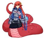  1girl astral_chain black_skirt breasts chain commission crossover eyebrows_visible_through_hair full_body gloves hair_between_eyes hair_ornament hairclip jacket lamia large_breasts long_hair long_sleeves looking_at_viewer miia_(monster_musume) monster_girl monster_musume_no_iru_nichijou parody pointy_ears police police_uniform policewoman redhead rtil scales sidelocks simple_background sketch skirt slit_pupils smile standing tail uniform v-shaped_eyebrows white_background yellow_eyes 