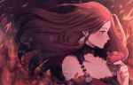  1girl brown_hair closed_mouth dorothea_arnault earrings fire_emblem fire_emblem:_three_houses flower from_side green_eyes holding holding_flower jewelry long_hair orridkr petals solo upper_body 