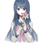  1girl artist_name bangs blue_eyes blue_hair blue_sailor_collar bow bowtie covering_mouth cropped_torso dalrye_v3 danganronpa:_trigger_happy_havoc danganronpa_(series) eyebrows_visible_through_hair flower grey_background hair_ornament hairclip holding holding_flower long_hair long_sleeves looking_at_viewer maizono_sayaka pink_bow pink_bowtie pink_flower sailor_collar school_uniform simple_background solo upper_body 