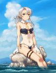  1girl bikini blue_bikini blue_sky blush breasts closed_mouth clouds covered_nipples destroyer gloves gradient_sky grey_eyes kantai_collection long_hair looking_at_viewer medium_breasts military military_vehicle navel necktie nowaki_(kantai_collection) ocean ponytail sameha_ikuya ship silver_hair sitting sky smile solo swimsuit tan tanline warship watercraft white_gloves yellow_neckwear 