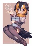  1girl :d bangs bird_tail bird_wings black_hair blonde_hair blush brown_footwear campo_flicker_(kemono_friends) eyebrows_visible_through_hair full_body glasses grey_hair hair_between_eyes hatagaya head_wings kemono_friends loafers long_sleeves looking_at_viewer multicolored_hair necktie open_mouth outline package pleated_skirt print_legwear print_skirt print_sleeves red_eyes scarf shoes short_hair short_over_long_sleeves short_sleeves skirt smile solo speech_bubble spoken_object thigh-highs white_outline wings yellow_scarf zettai_ryouiki 