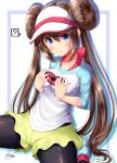  ? black_legwear blue_eyes blush breasts brown_hair double_bun hair_bun hands_on_own_breasts highres large_breasts legwear_under_shorts looking_at_viewer low_twintails mei_(pokemon) mokufuu pantyhose pokemon pokemon_(game) pokemon_bw2 shirt short_shorts shorts solo thought_bubble twintails visor_cap yellow_shorts 