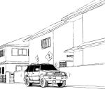  1girl abduction building commentary_request ground_vehicle lineart magical_girl monochrome motor_vehicle original road sakifox shoes 
