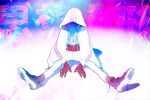  1girl black_footwear blue_nails glowing glowing_jewelry highres hood hood_up hoodie jewelry navel necklace original red_skin ryu_ll shaded_face sitting solo white_hoodie white_legwear 