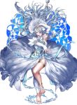  1girl absurdres anklet arm_up armpits azura_(fire_emblem) barefoot blue_hair dress elbow_gloves fingerless_gloves fire_emblem fire_emblem_fates full_body gloves highres jewelry long_hair parted_lips sh06512223 simple_background solo twitter_username veil white_dress white_gloves yellow_eyes 