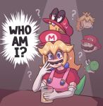 1girl ? ayyk92 confused cup drinking_glass elbow_gloves empty_eyes facial_hair fusion gloves mario super_mario_bros. mustache new_super_mario_bros._u_deluxe nintendo nintendo_ead overalls pink_overalls princess_peach sitting stacked_hats super_crown super_mario_64 super_mario_odyssey sweat sweating_profusely what_if yoshi 