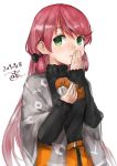  1girl akashi_(kantai_collection) alternate_costume bangs blush covering covering_mouth dated eating food green_eyes hair_ribbon highres kantai_collection long_hair long_sleeves pink_hair ribbon signature simple_background solo sweater taiyaki toka_(marchlizard) tress_ribbon turtleneck turtleneck_sweater wagashi white_background 