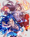  2girls :d arm_up aura baggy_pants bangs bare_legs barefoot black_footwear blue_bow blue_eyes blue_hair blue_skirt blush bow bowl clenched_hands collarbone commentary_request debt eyebrows_visible_through_hair feet_out_of_frame fire flame floating_hair fujiwara_no_mokou grey_background grey_hoodie hair_between_eyes hair_bow hand_up head_tilt highres holding holding_bowl hood hoodie isemori leaning_forward leg_up long_hair looking_at_viewer miniskirt multiple_girls ofuda open_mouth pants red_eyes red_pants shirt shoes short_sleeves silver_hair simple_background skirt smile suspenders thighs torn_clothes torn_sleeves touhou v-shaped_eyebrows very_long_hair white_bow white_shirt wrist_cuffs yorigami_shion 