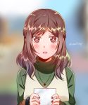  1girl alternate_hairstyle blurry blurry_background blush brown_eyes brown_hair colored_eyelashes commentary_request d: depth_of_field eyebrows_visible_through_hair furrowed_eyebrows half_updo heart heart_necklace holding holding_paper joshi_kousei_no_mudazukai juan_mao kadokawa_shoten kikuchi_akane long_hair looking_at_viewer nail_polish open_mouth paper parted_lips passione_(studio) red_nails solo star sweatdrop turtleneck twitter_username upper_body wota 