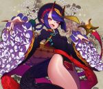  1girl bangs blush breasts china_dress chinese_clothes covered_navel dress eyeliner fang fate/grand_order fate_(series) fingernails frills hair_rings hat heroic_spirit_festival_outfit highres horns jiangshi long_fingernails long_sleeves looking_at_viewer makeup ofuda oni oni_horns open_mouth pelvic_curtain purple_dress purple_hair qing_guanmao sash short_hair shuten_douji_(fate/grand_order) small_breasts smile solo souma_kira thighs violet_eyes wide_sleeves 