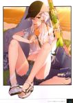  1girl absurdres bare_legs copyright_request eating food green_eyes hat highres ice_cream looking_at_viewer mishima_kurone navel sandals shirt silver_hair water_gun wet wet_clothes wet_shirt 