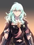  1girl arm_guards armor bangs breasts byleth_(fire_emblem) byleth_eisner_(female) cape closed_mouth fire_emblem fire_emblem:_three_houses garreg_mach_monastery_uniform gauntlets glowing glowing_hair green_eyes green_hair hair_between_eyes large_breasts long_hair looking_at_viewer navel navel_cutout preline 