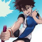  1girl aragaki_nagisa breasts brown_hair commentary_request hanebado! looking_at_viewer mole mole_under_mouth open_mouth racket red_eyes short_hair simple_background solo spiky_hair sportswear sweat yazwo 