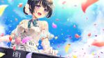 1girl :d alternate_hairstyle bang_dream! bangs black_hair blue_neckwear blush brooch chiyonekoko commentary day detached_sleeves dress earrings elbow_gloves english_commentary flower gloves hair_bun hair_flower hair_ornament hair_up instrument jewelry keyboard_(instrument) music neck_ribbon open_mouth outdoors petals piano_print pink_flower pink_rose playing_instrument print_ribbon ribbon rose shirokane_rinko smile solo upper_body violet_eyes white_dress white_flower white_gloves white_rose 