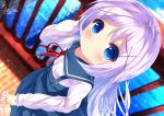  1girl bangs blue_eyes blue_sailor_collar blue_skirt blurry blurry_background blush center_frills chinomaron closed_mouth commentary_request depth_of_field dutch_angle eyebrows_visible_through_hair frills gochuumon_wa_usagi_desu_ka? hair_ornament hand_up high-waist_skirt kafuu_chino light_smile looking_at_viewer neck_ribbon out_of_frame purple_hair railing red_ribbon ribbon sailor_collar shirt signature skirt solo_focus standing suspender_skirt suspenders water white_shirt x_hair_ornament 