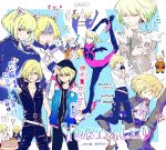  2boys animal_ears belt blonde_hair cat_ears crossover eating figure_skating futon green_eyes green_hair hair_over_one_eye hands_clasped highres hood lio_fotia male_focus multiple_belts multiple_boys nowassavie open_mouth own_hands_together promare smile thumbs_down violet_eyes yuri!!!_on_ice yuri_plisetsky 