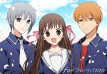  1girl 2boys blue_sky bow brown_eyes brown_hair day frown fruits_basket grey_hair hair_between_eyes hair_bow honda_tooru long_hair long_sleeves multiple_boys necktie open_mouth orange_hair outdoors pink_bow sacchan_(hn0816) school_uniform sky smile souma_kyou souma_yuki 