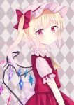  1girl :&lt; argyle argyle_background arm_at_side blonde_hair blush cravat eyebrows_visible_through_hair flandre_scarlet from_side grey_background hat hat_ribbon head_tilt highres light_frown looking_at_viewer mob_cap nibosisuzu pink_headwear pink_shirt pointy_ears puffy_short_sleeves puffy_sleeves red_eyes red_skirt red_vest ribbon shirt short_hair short_sleeves side_ponytail skirt skirt_set solo standing touhou upper_body vest wings yellow_neckwear 