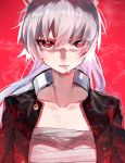  1girl bandages bangs black_jacket bow cigarette collarbone commentary_request embers fujiwara_no_mokou hair_between_eyes hair_bow highres jacket long_hair looking_at_viewer mouth_hold open_clothes open_jacket red_background red_eyes sarashi silver_hair simple_background smoking solo temu_(tem27) touhou upper_body white_bow 