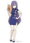  1girl blue_dress blue_footwear blush breasts china_dress chinese_clothes dress eyebrows_visible_through_hair eyes_visible_through_hair fan finalcake full_body gj-bu hair_between_eyes hand_on_hip holding holding_fan long_hair looking_at_viewer medium_breasts navel purple_hair sketch smile solo standing stomach sumeragi_shion thighs very_long_hair violet_eyes 